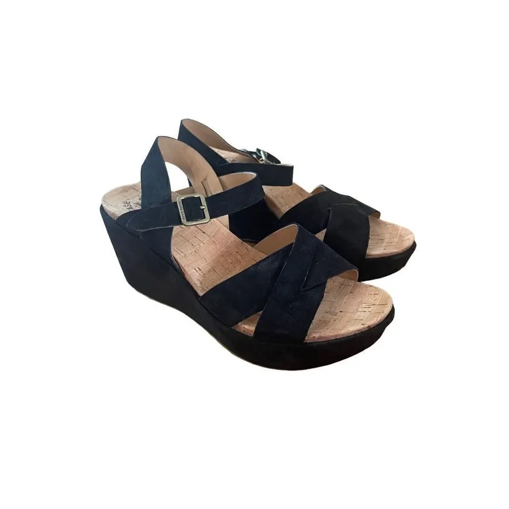 Kork Ease Since 1953 Womens Navy Blue Cork Wedge Slingback Heels Size 11